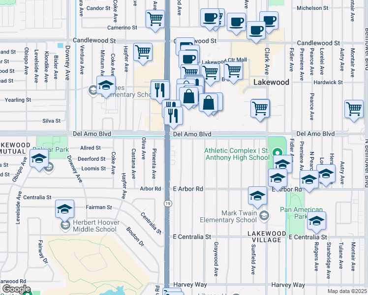 map of restaurants, bars, coffee shops, grocery stores, and more near 4844 Pepperwood Avenue in Long Beach