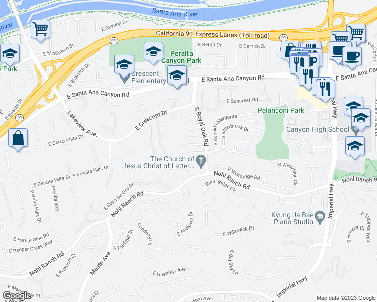 map of restaurants, bars, coffee shops, grocery stores, and more near 5231 East Honeywood Lane in Anaheim