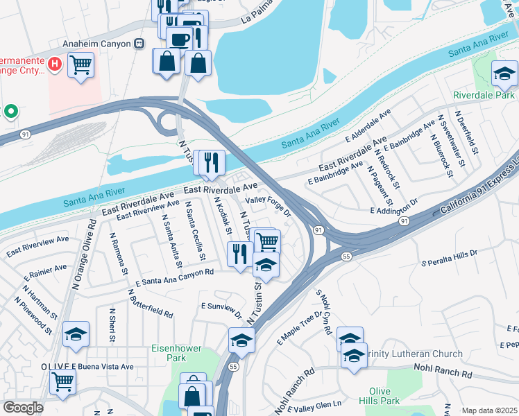 map of restaurants, bars, coffee shops, grocery stores, and more near 384 North IronPike Circle in Anaheim
