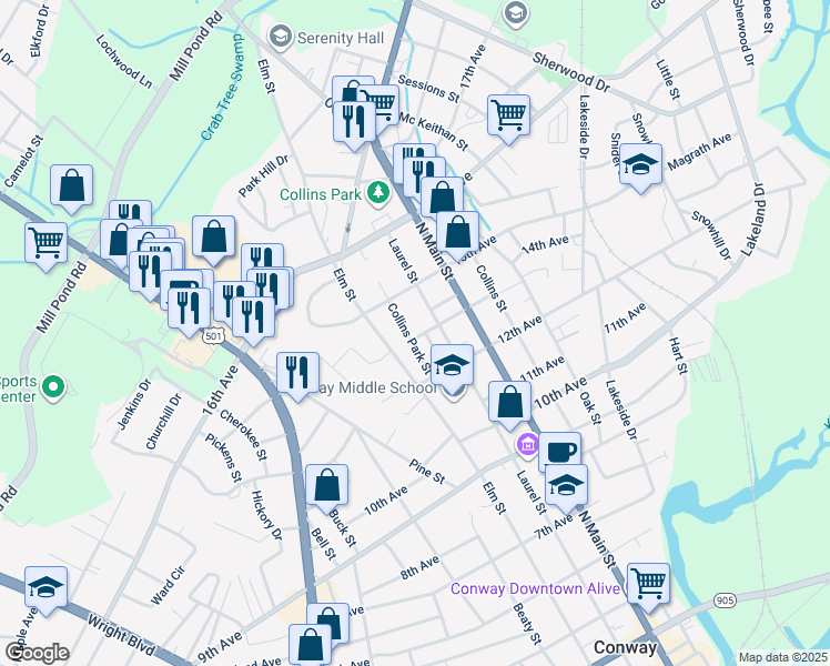 map of restaurants, bars, coffee shops, grocery stores, and more near 1300 Collins Park Street in Conway