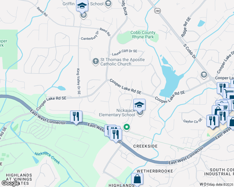 map of restaurants, bars, coffee shops, grocery stores, and more near 4103 Berryhill Trce Southeast in Smyrna