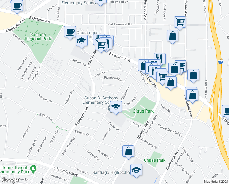 map of restaurants, bars, coffee shops, grocery stores, and more near 1085 Trailview Lane in Corona