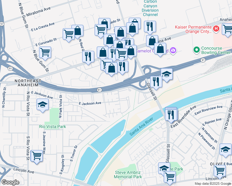 map of restaurants, bars, coffee shops, grocery stores, and more near 3009 East Vía Bruno in Anaheim