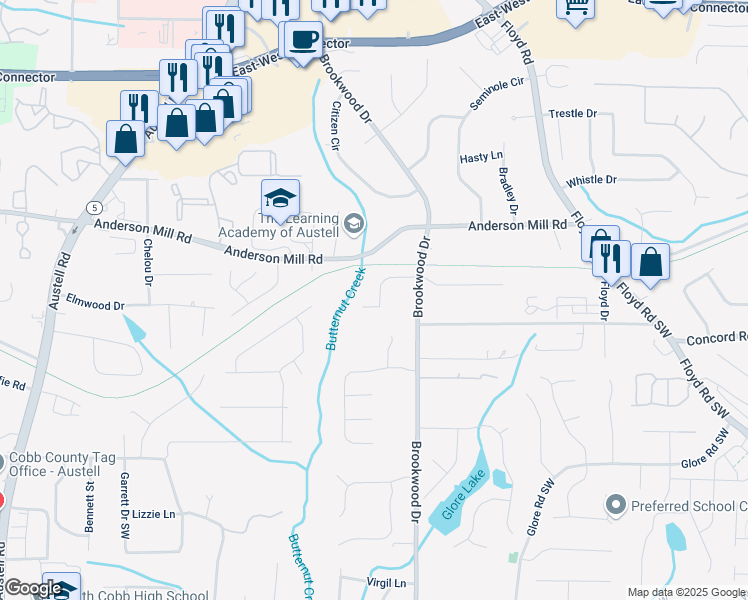 map of restaurants, bars, coffee shops, grocery stores, and more near 1372 Silvergate Drive in Mableton