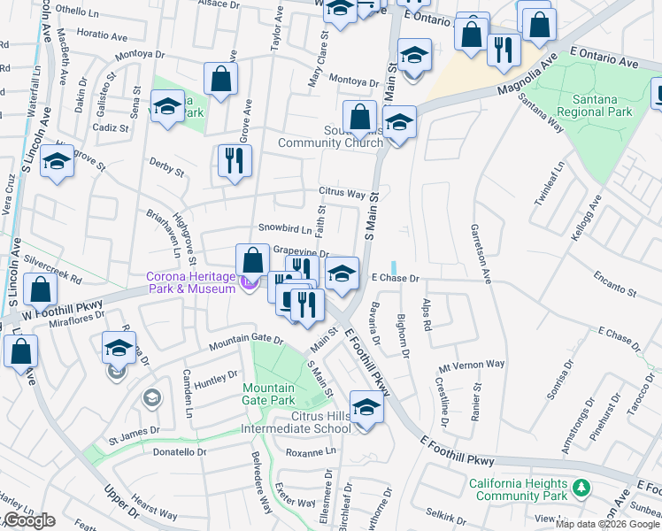 map of restaurants, bars, coffee shops, grocery stores, and more near 2845 Keystone Circle in Corona
