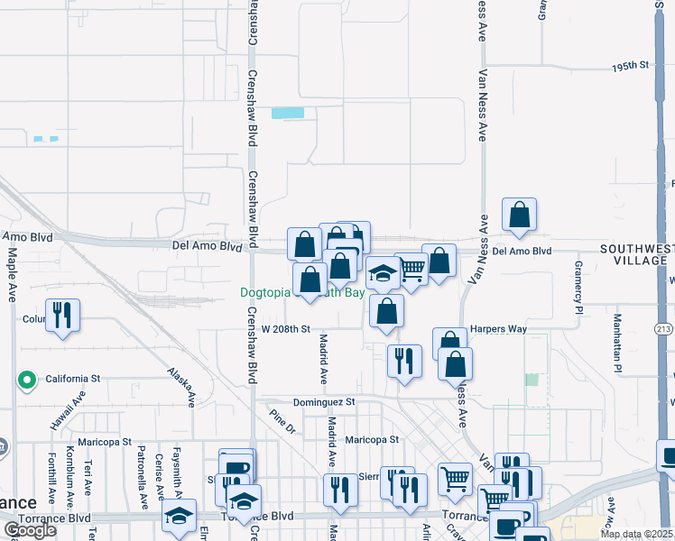 map of restaurants, bars, coffee shops, grocery stores, and more near 2301 West 205th Street in Torrance