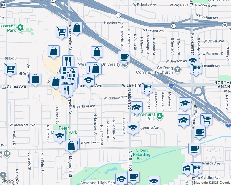 map of restaurants, bars, coffee shops, grocery stores, and more near 1015 North Roanne Place in Anaheim