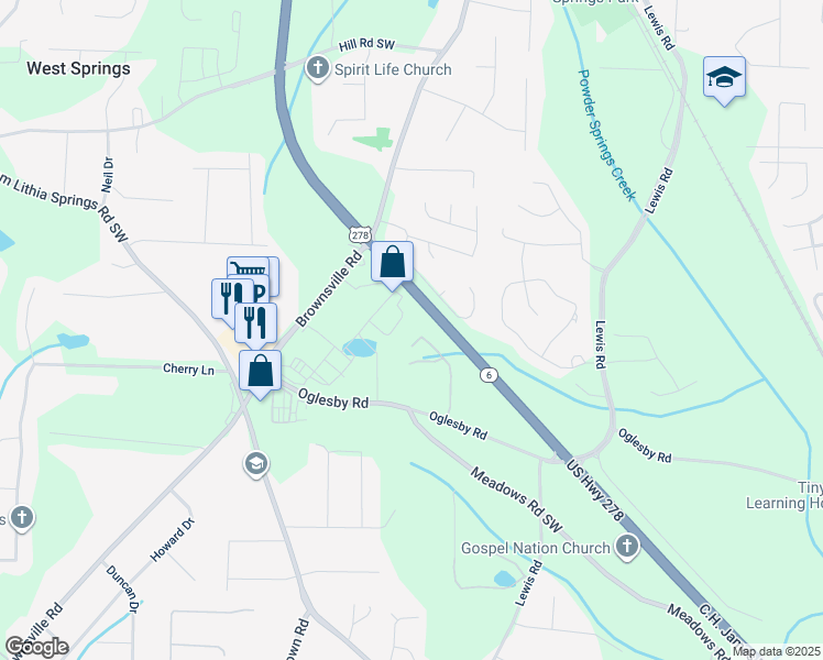 map of restaurants, bars, coffee shops, grocery stores, and more near 4441 Caleb Crossing in Powder Springs