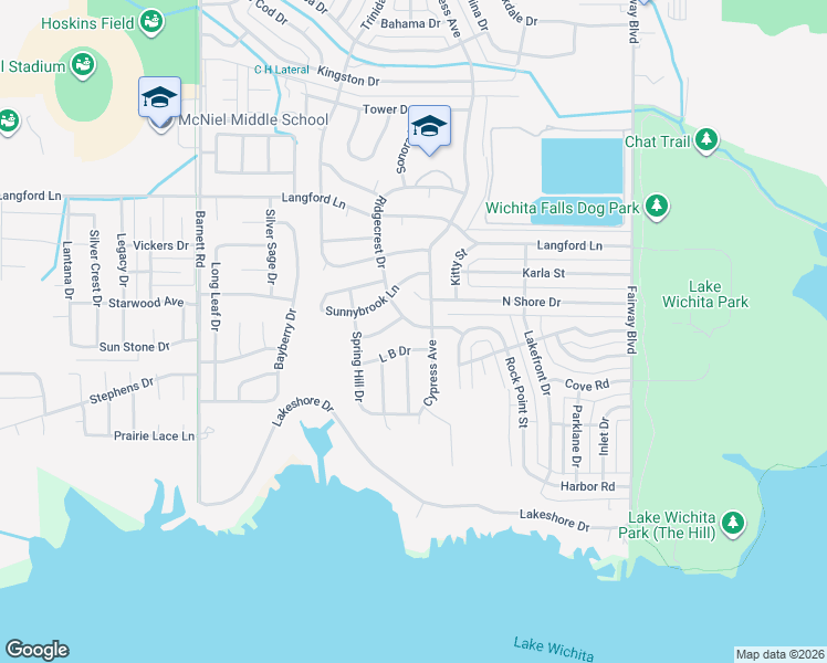 map of restaurants, bars, coffee shops, grocery stores, and more near 5326 Ridgecrest Drive in Wichita Falls