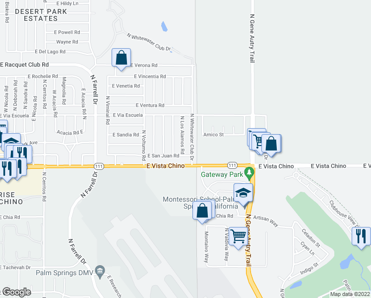 map of restaurants, bars, coffee shops, grocery stores, and more near 1820 North Los Alamos Road in Palm Springs