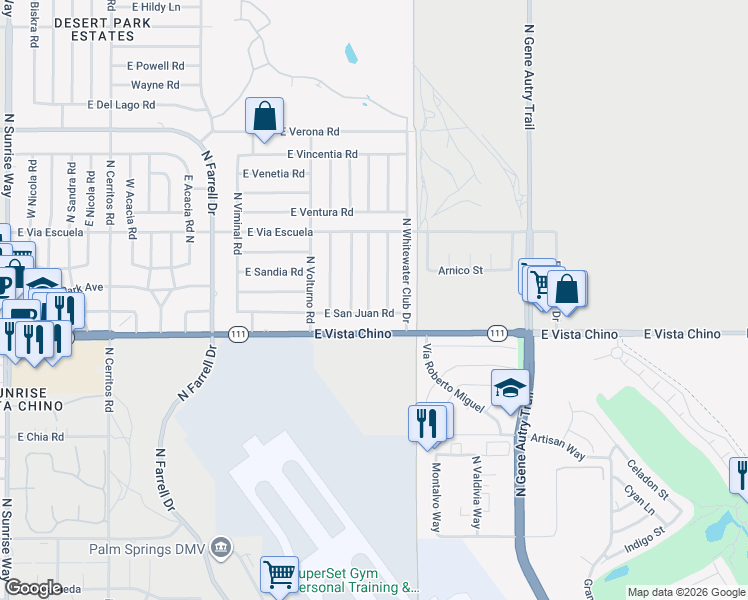 map of restaurants, bars, coffee shops, grocery stores, and more near 1850 North San Clemente Road in Palm Springs