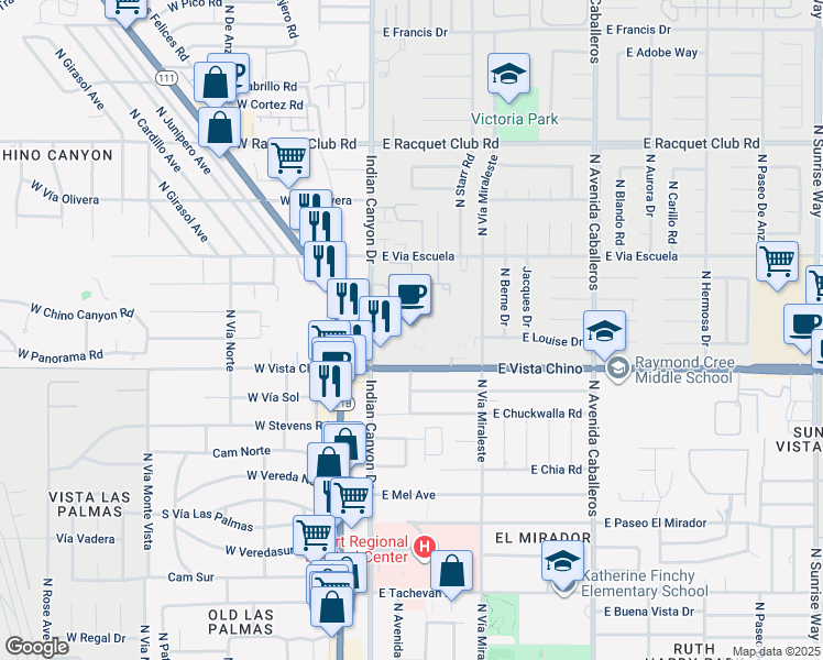 map of restaurants, bars, coffee shops, grocery stores, and more near 1600 North Indian Canyon Drive in Palm Springs