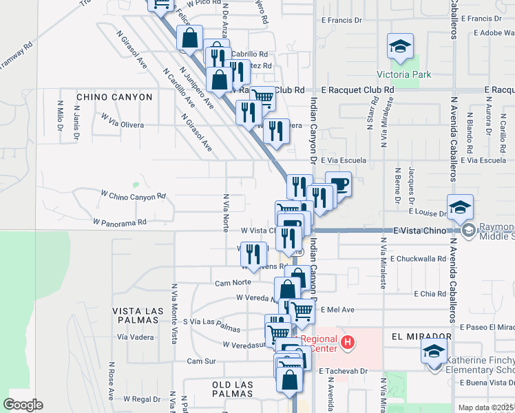 map of restaurants, bars, coffee shops, grocery stores, and more near 1875 North Palm Canyon Drive in Palm Springs