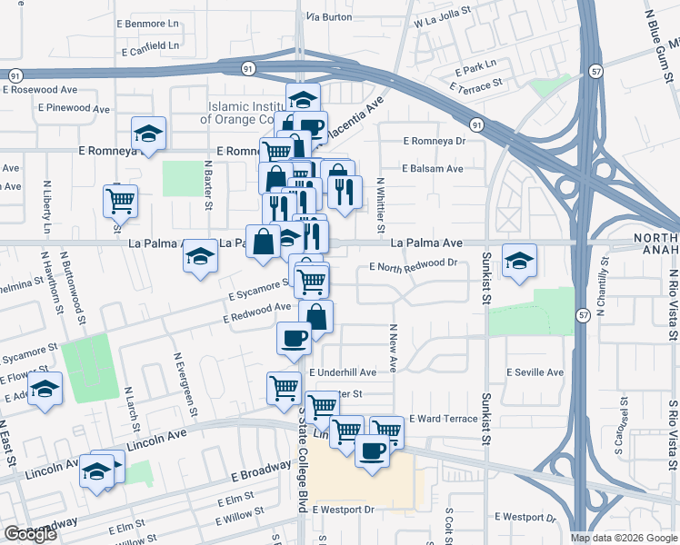 map of restaurants, bars, coffee shops, grocery stores, and more near 506 North North Redwood Place in Anaheim
