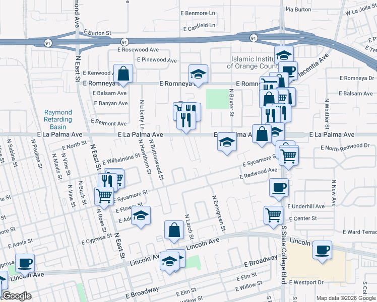 map of restaurants, bars, coffee shops, grocery stores, and more near 638 North Anna Drive in Anaheim