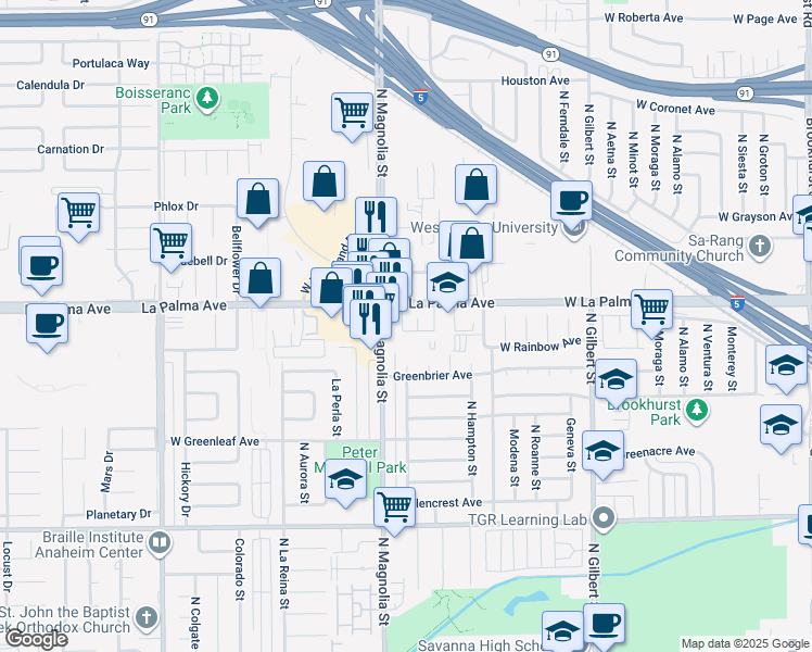 map of restaurants, bars, coffee shops, grocery stores, and more near 1040 North Magnolia Street in Anaheim