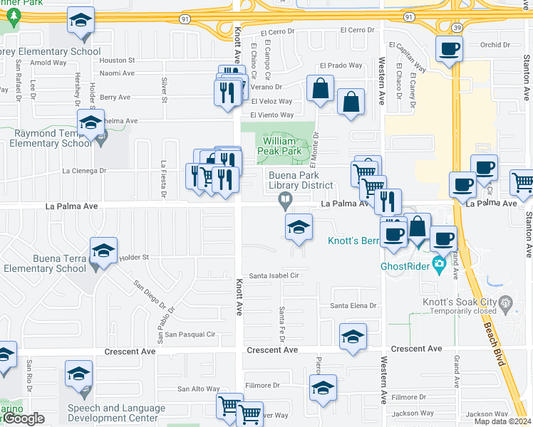 map of restaurants, bars, coffee shops, grocery stores, and more near 7000 Knott Avenue in Buena Park