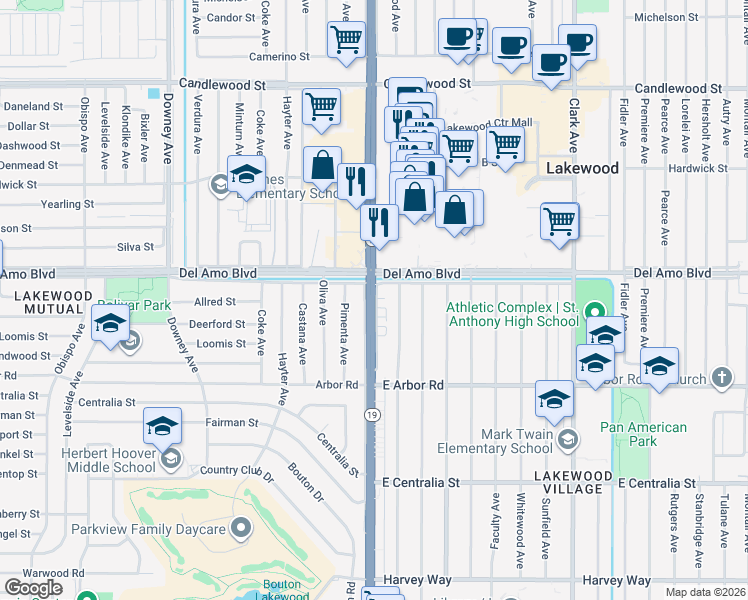map of restaurants, bars, coffee shops, grocery stores, and more near in Lakewood
