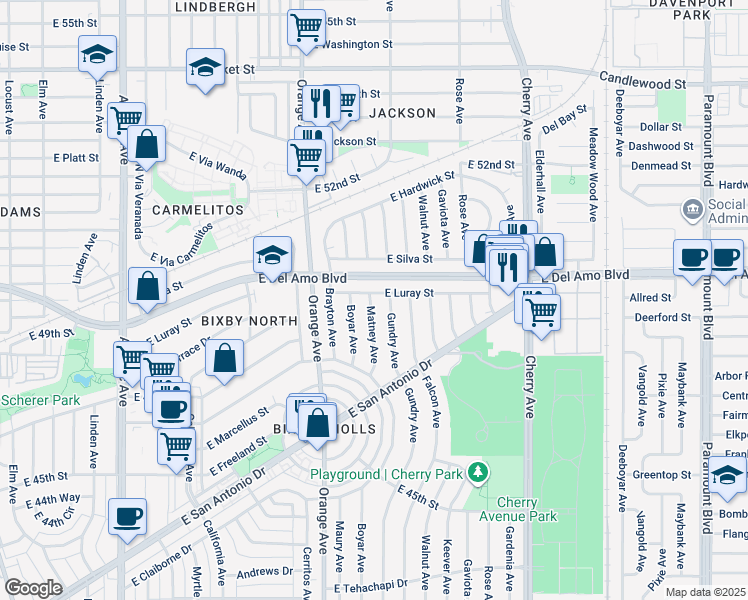 map of restaurants, bars, coffee shops, grocery stores, and more near 4839 Matney Avenue in Long Beach
