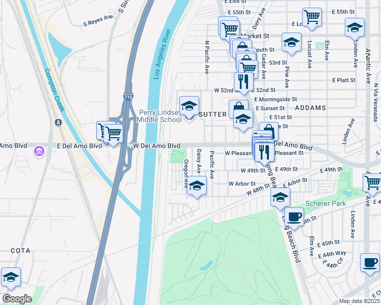 map of restaurants, bars, coffee shops, grocery stores, and more near 4958 Oregon Avenue in Long Beach