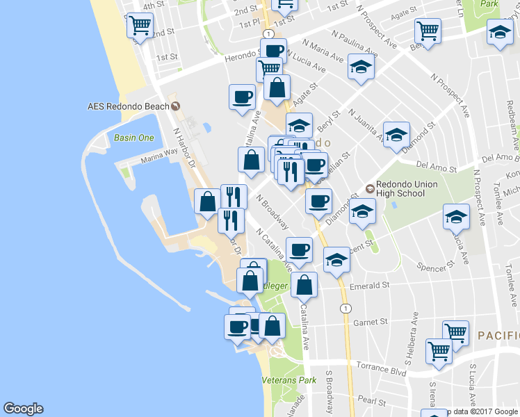 map of restaurants, bars, coffee shops, grocery stores, and more near 415 North Broadway in Redondo Beach