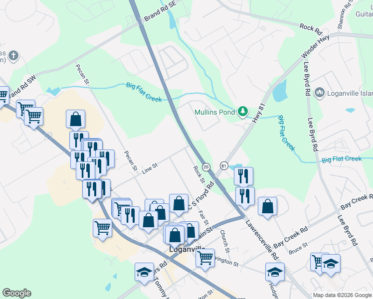 map of restaurants, bars, coffee shops, grocery stores, and more near 206 Rock Street in Loganville