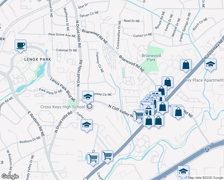 map of restaurants, bars, coffee shops, grocery stores, and more near 2003 Fairway Circle Northeast in Atlanta