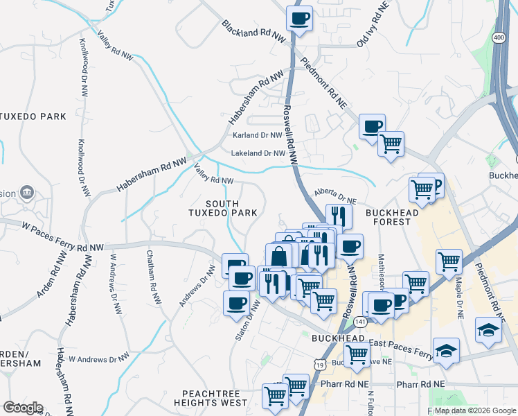map of restaurants, bars, coffee shops, grocery stores, and more near 3341 Grant Valley Road Northwest in Atlanta