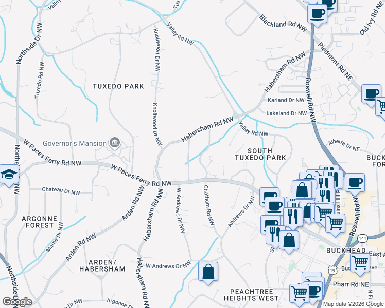 map of restaurants, bars, coffee shops, grocery stores, and more near 3335 West Andrews Drive Northwest in Atlanta