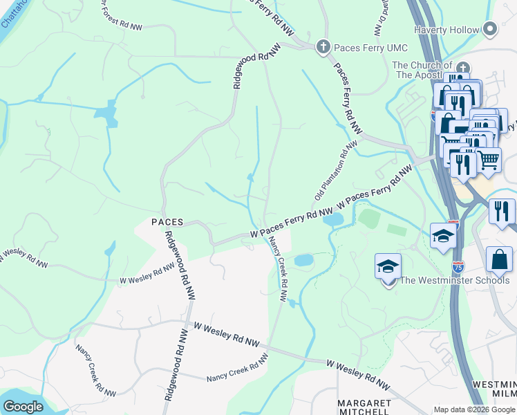 map of restaurants, bars, coffee shops, grocery stores, and more near 3350 Nancy Creek Road Northwest in Atlanta