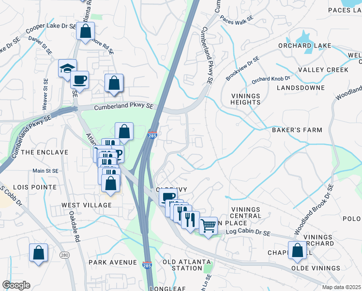 map of restaurants, bars, coffee shops, grocery stores, and more near 100 Winchester Trail Southeast in Atlanta