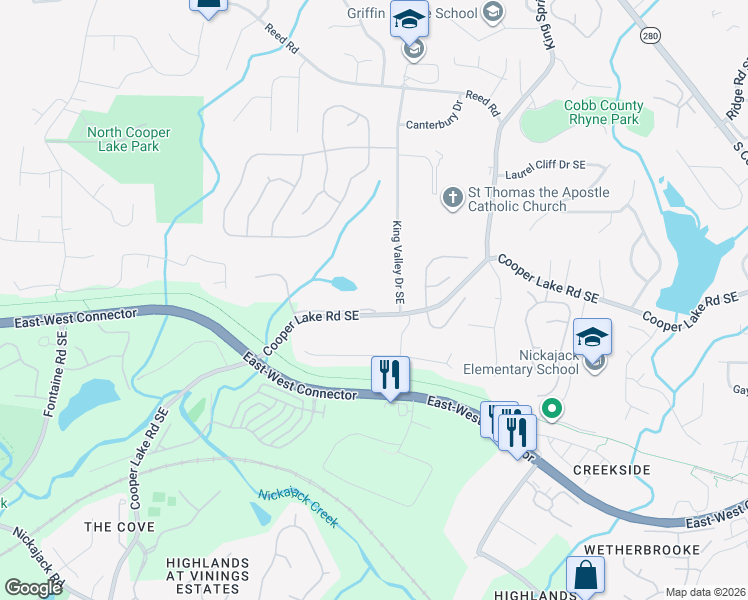 map of restaurants, bars, coffee shops, grocery stores, and more near 1005 Cooper Lake Road Southeast in Smyrna