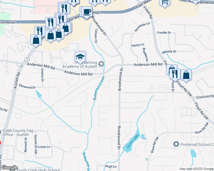 map of restaurants, bars, coffee shops, grocery stores, and more near 1372 Silvergate Drive in Mableton