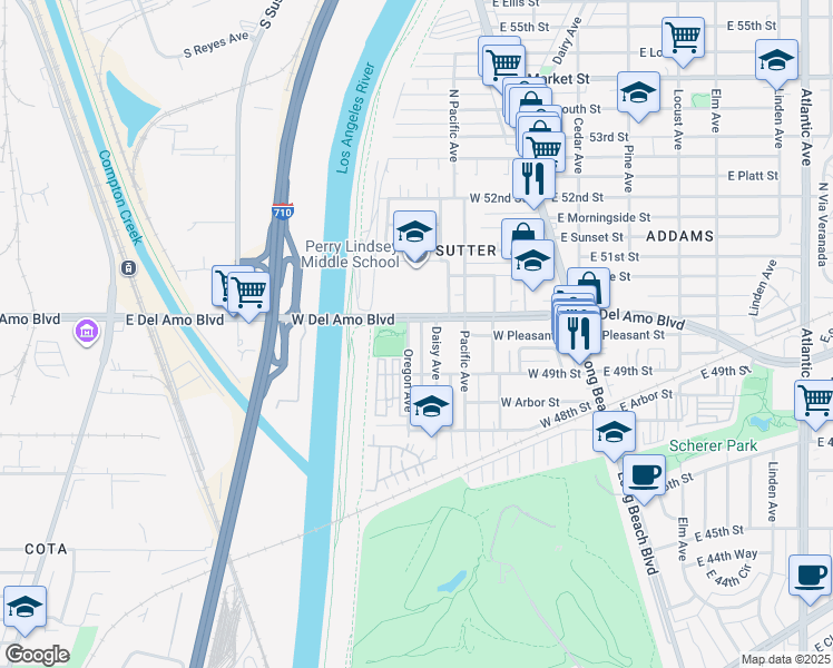 map of restaurants, bars, coffee shops, grocery stores, and more near 4958 Oregon Avenue in Long Beach