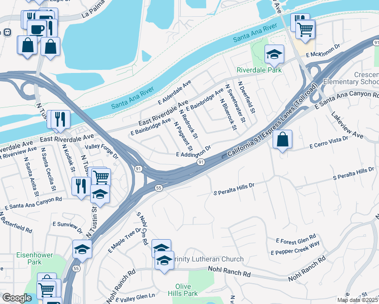 map of restaurants, bars, coffee shops, grocery stores, and more near 201 North Pageant Street in Anaheim