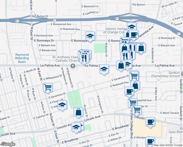 map of restaurants, bars, coffee shops, grocery stores, and more near 530 North Anna Drive in Anaheim