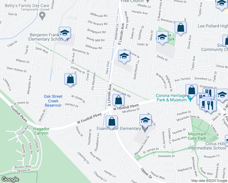 map of restaurants, bars, coffee shops, grocery stores, and more near 1072 Silvercreek Road in Corona