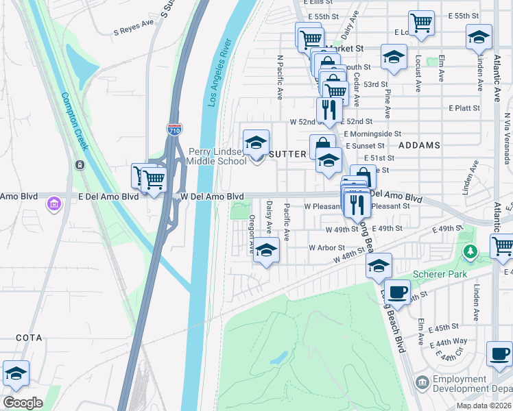 map of restaurants, bars, coffee shops, grocery stores, and more near 4966 Oregon Avenue in Long Beach