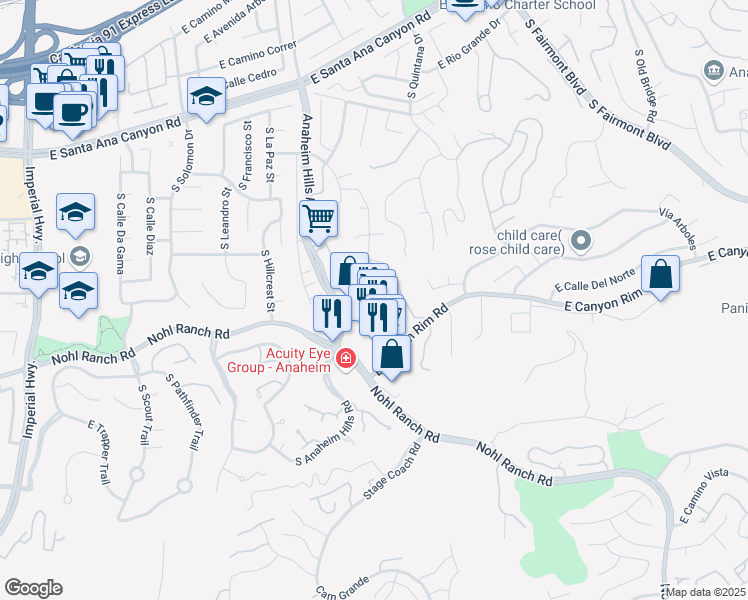 map of restaurants, bars, coffee shops, grocery stores, and more near 380 South Anaheim Hills Road in Anaheim
