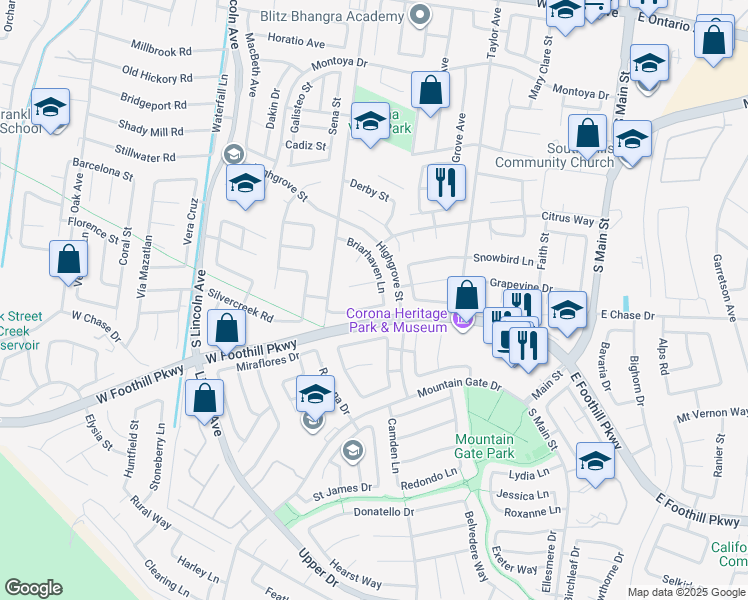 map of restaurants, bars, coffee shops, grocery stores, and more near 817 Greenridge Road in Corona