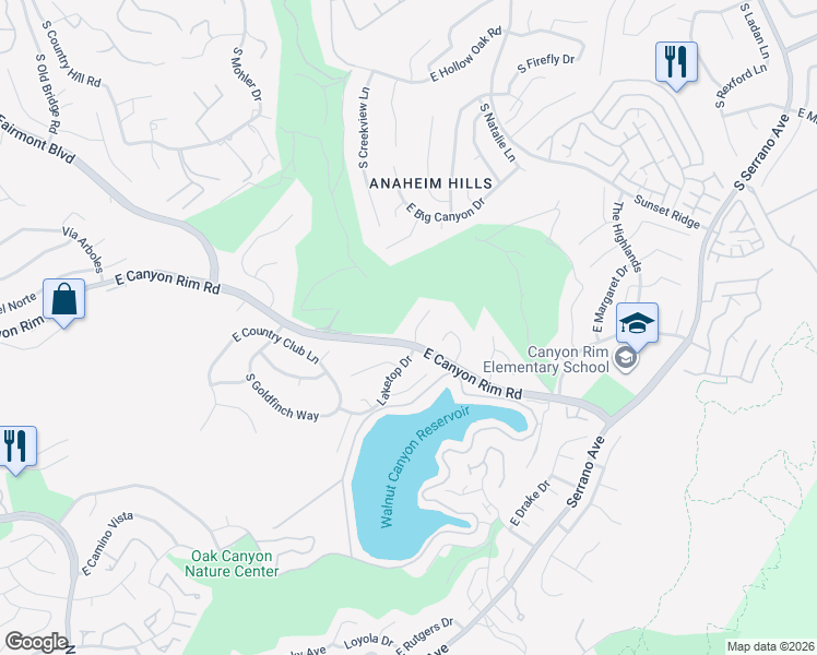 map of restaurants, bars, coffee shops, grocery stores, and more near 7321 East Nighthawk Circle in Anaheim