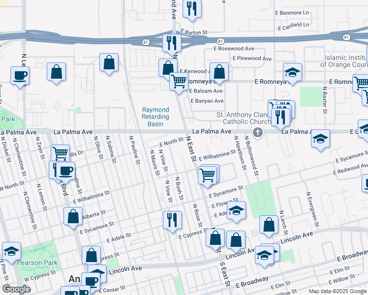 map of restaurants, bars, coffee shops, grocery stores, and more near 753 North East Street in Anaheim