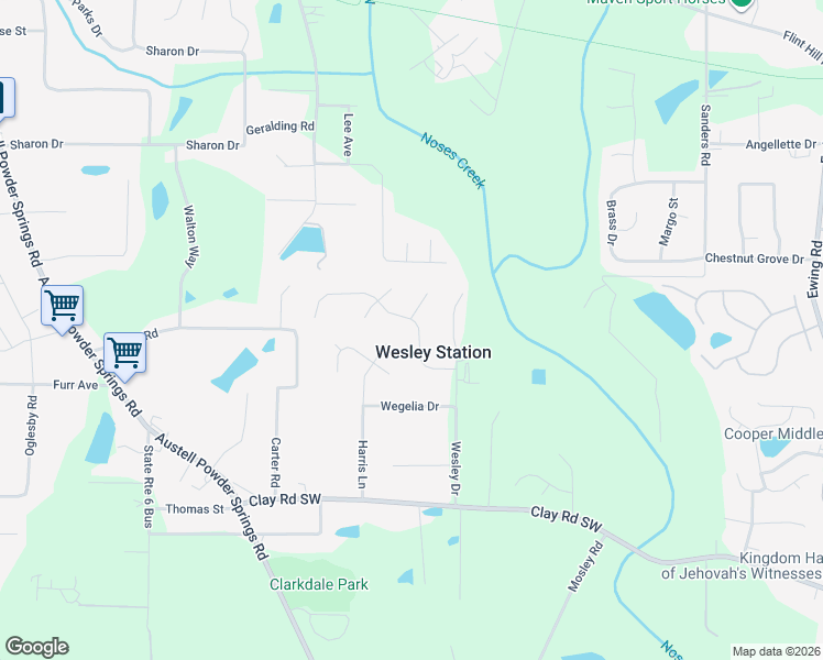 map of restaurants, bars, coffee shops, grocery stores, and more near 4483 Wesley Way in Austell