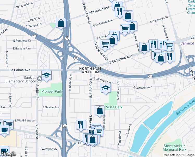 map of restaurants, bars, coffee shops, grocery stores, and more near E Jackson Ave & N Beth St in Anaheim