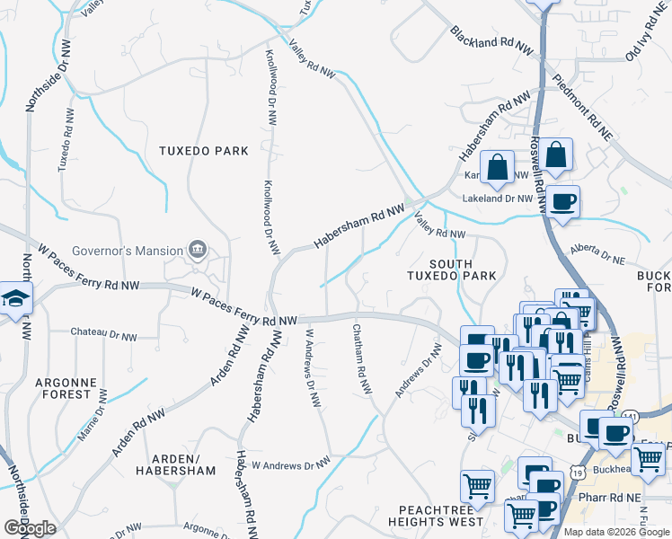 map of restaurants, bars, coffee shops, grocery stores, and more near 3335 W Andrews Dr NW in Atlanta