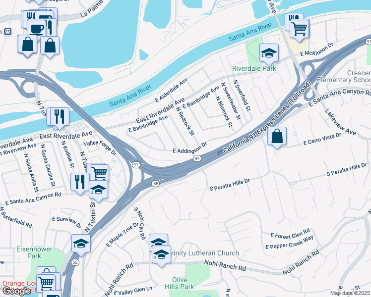 map of restaurants, bars, coffee shops, grocery stores, and more near 201 North Pageant Street in Anaheim