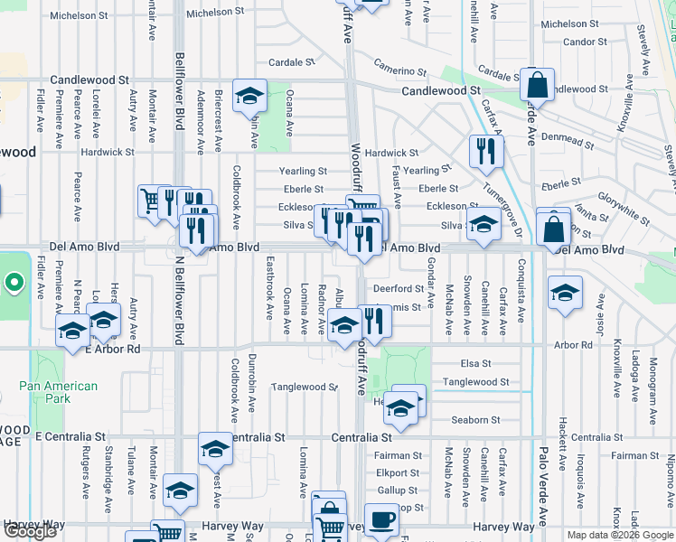 map of restaurants, bars, coffee shops, grocery stores, and more near 4842 Albury Avenue in Lakewood