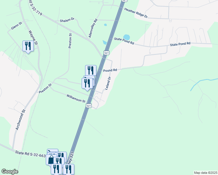 map of restaurants, bars, coffee shops, grocery stores, and more near 229 Leland Drive in Gaston
