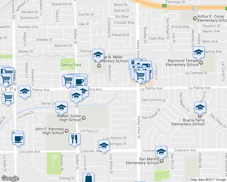 map of restaurants, bars, coffee shops, grocery stores, and more near 5791 Park West Circle in La Palma