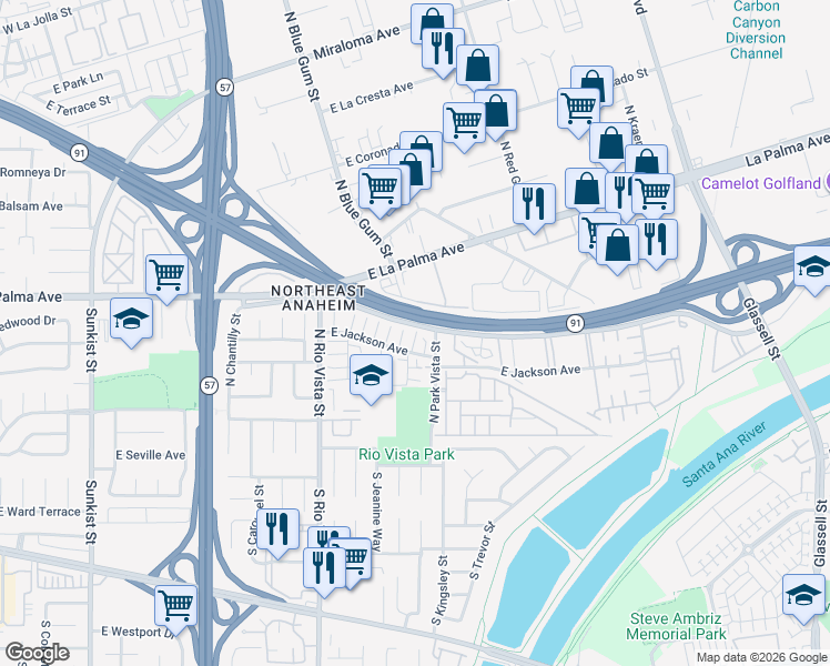 map of restaurants, bars, coffee shops, grocery stores, and more near 420 North Jeanine Drive in Anaheim